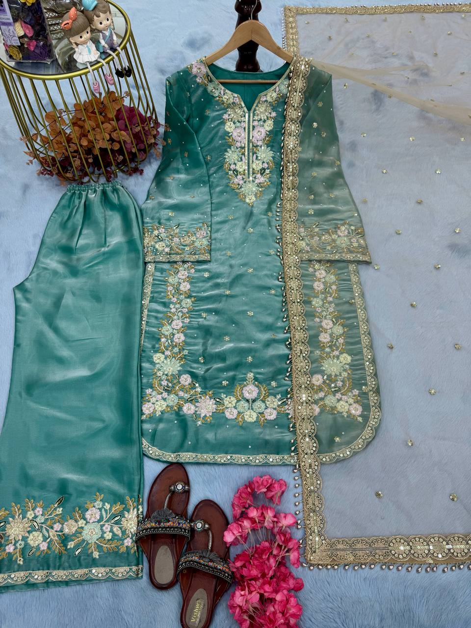 Stunning Light Green Color Pure Jimmy Choo With Heavy Embroidery 5mm Sequence Work Palazzo Suit