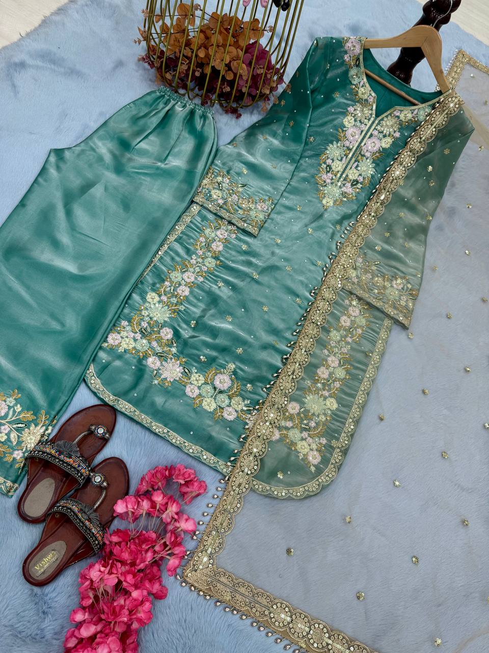 Stunning Light Green Color Pure Jimmy Choo With Heavy Embroidery 5mm Sequence Work Palazzo Suit