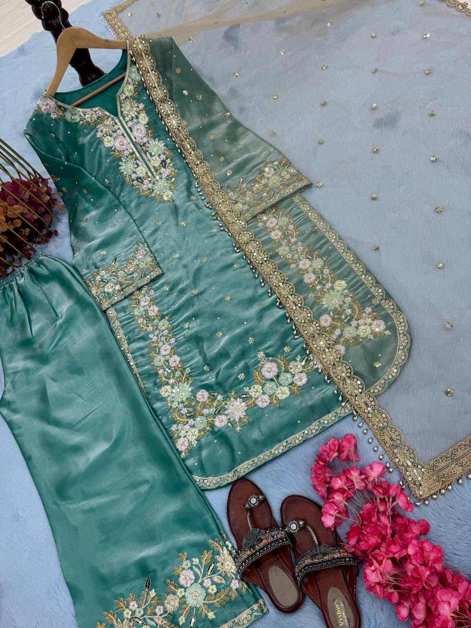 Stunning Light Green Color Pure Jimmy Choo With Heavy Embroidery 5mm Sequence Work Palazzo Suit