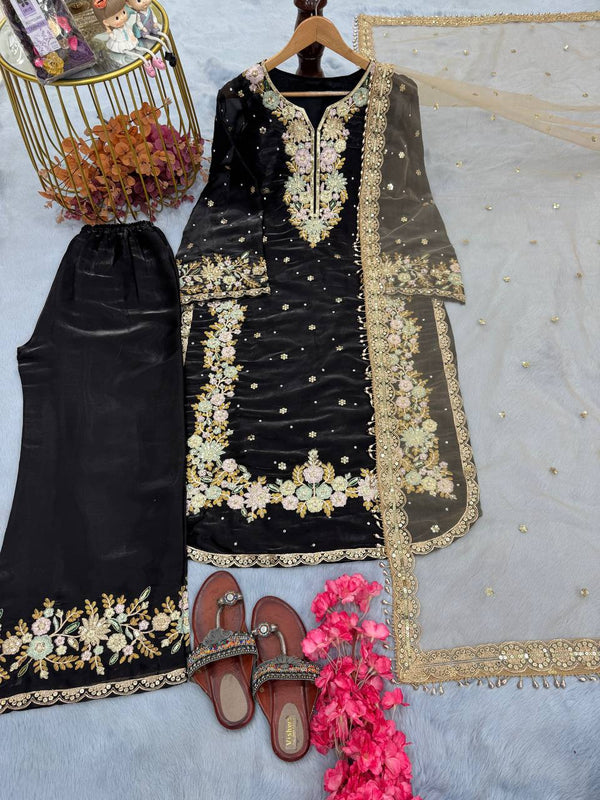 Stunning Black Color Pure Jimmy Choo With Heavy Embroidery 5mm Sequence Work Palazzo Suit