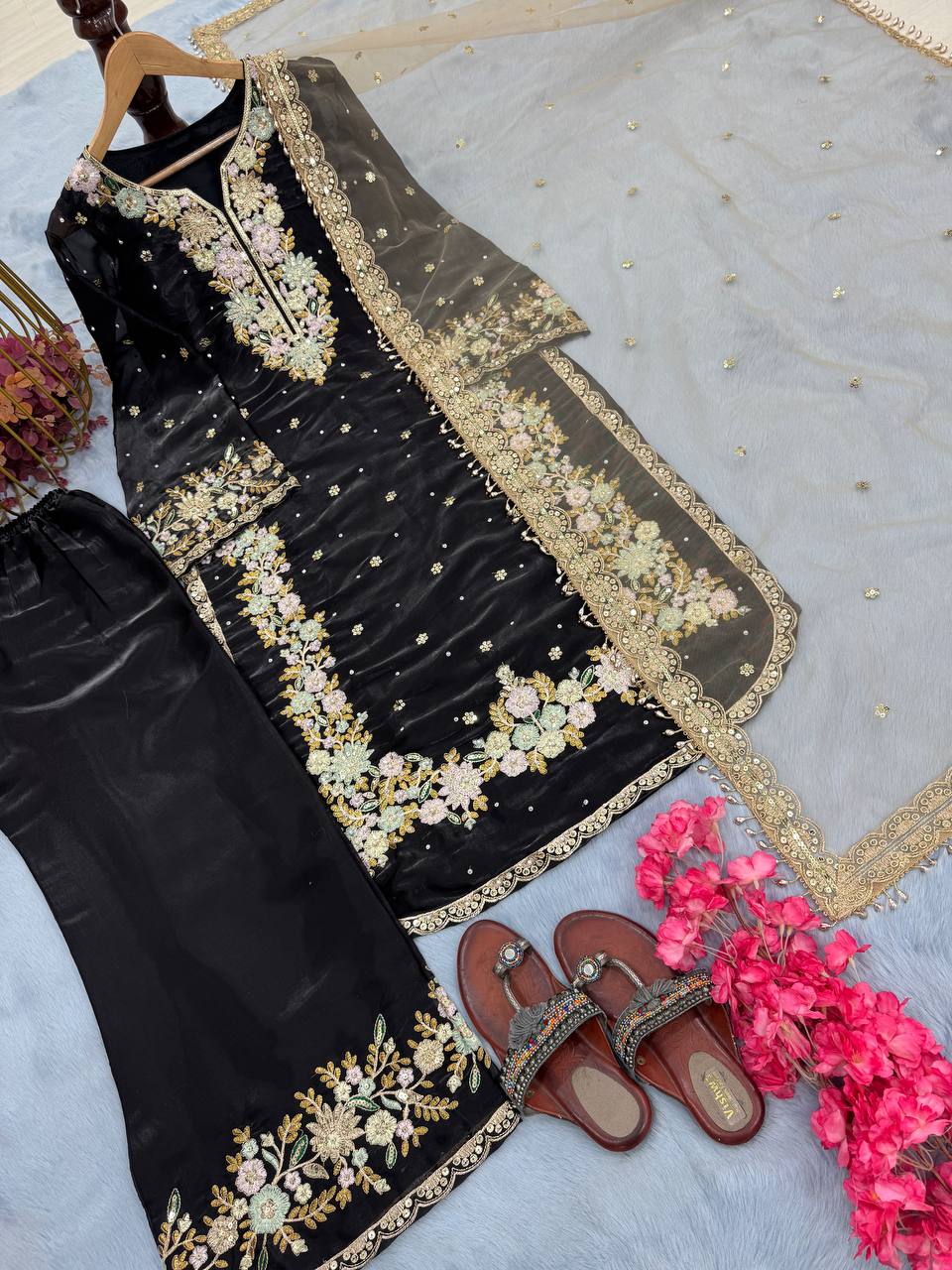 Stunning Black Color Pure Jimmy Choo With Heavy Embroidery 5mm Sequence Work Palazzo Suit