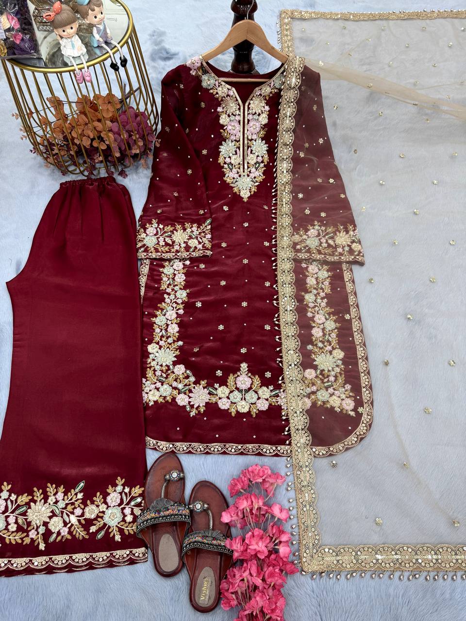 Stunning Dark Maroon Color Pure Jimmy Choo With Heavy Embroidery 5mm Sequence Work Palazzo Suit