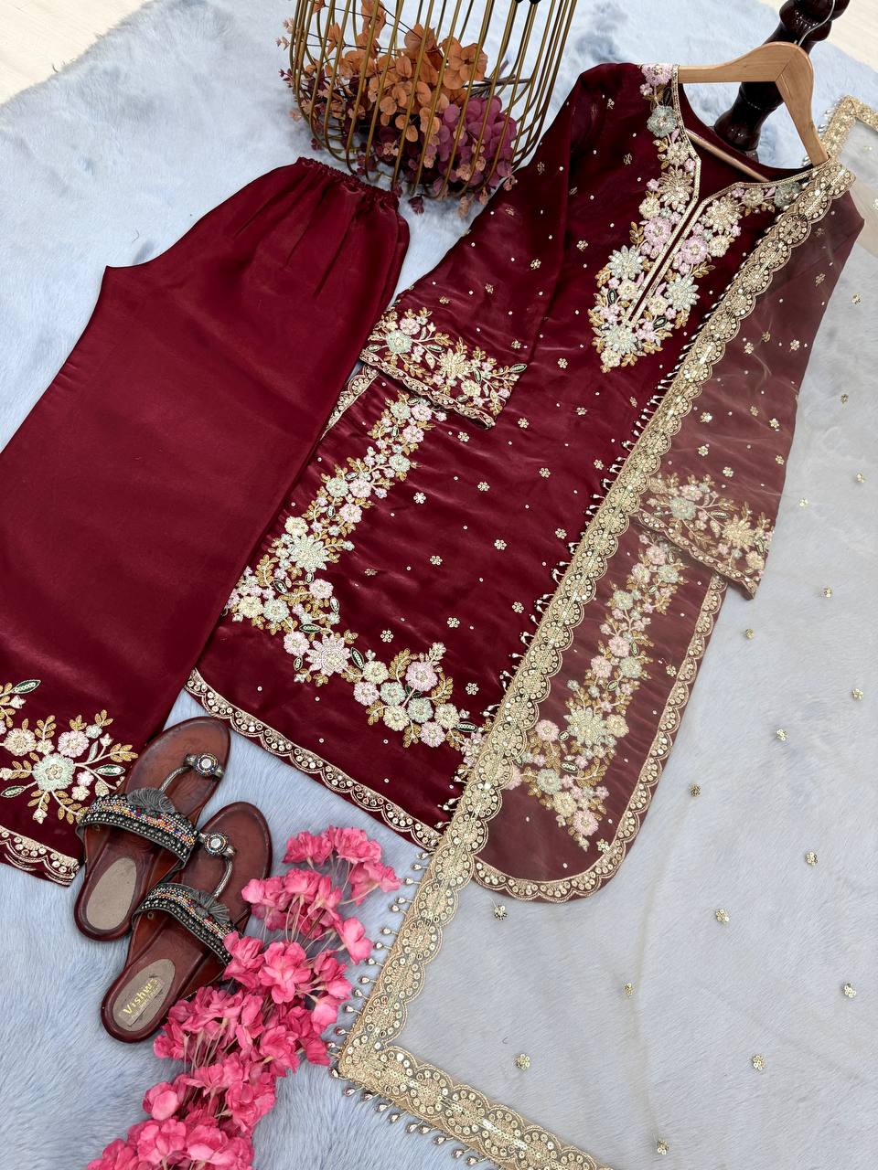 Stunning Dark Maroon Color Pure Jimmy Choo With Heavy Embroidery 5mm Sequence Work Palazzo Suit