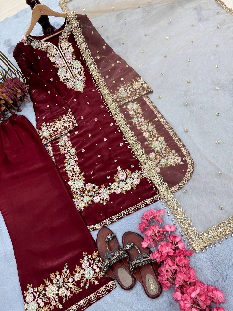 Stunning Dark Maroon Color Pure Jimmy Choo With Heavy Embroidery 5mm Sequence Work Palazzo Suit