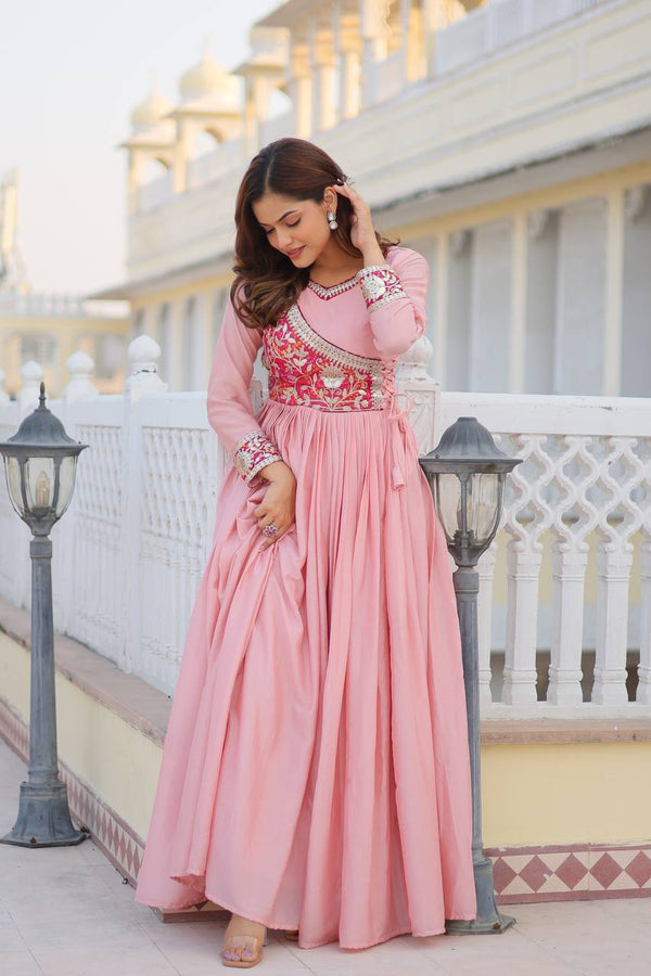Alluring Baby Pink Color Pure Chinon And Bandhej Gotta Patti Cording Work Gown