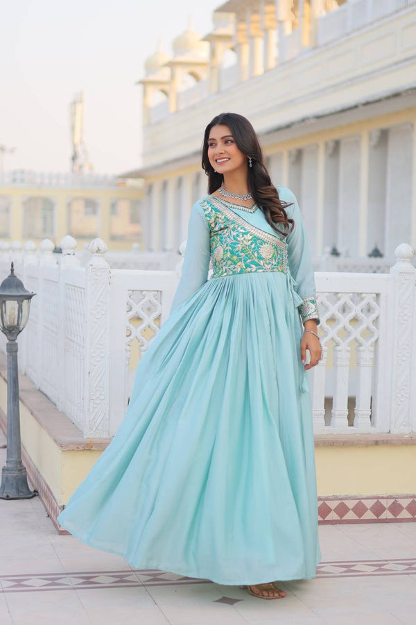 Alluring Sky Blue Color Pure Chinon And Bandhej Gotta Patti Cording Work Gown