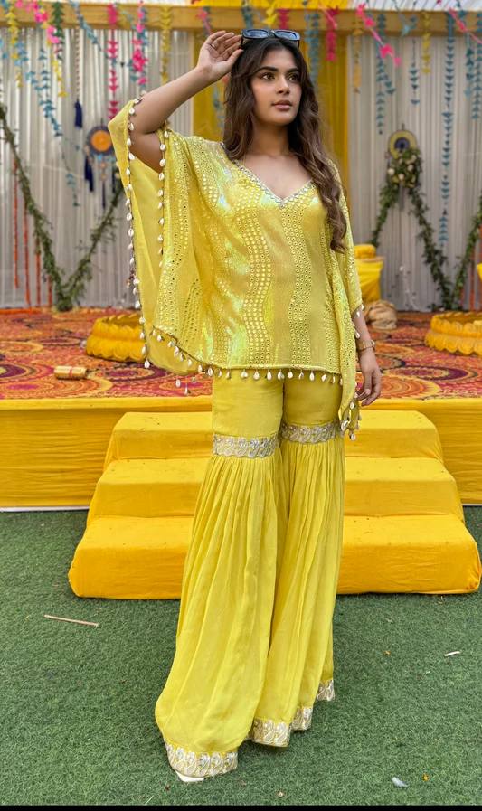 Haldi Wear Yellow Color Heavy Faux Georgette Heavy Embroidered Sequins Work Sharara Suit With Choli And Kaftan