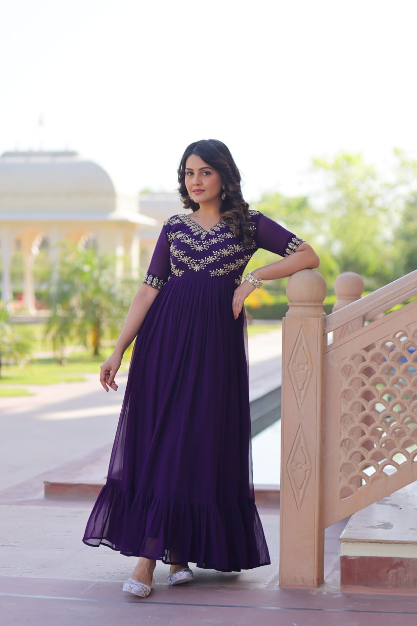 Purple Color Embroidered Designer Gown