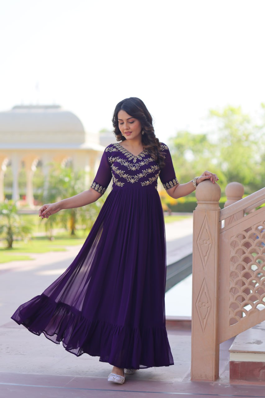 Purple Color Embroidered Designer Gown