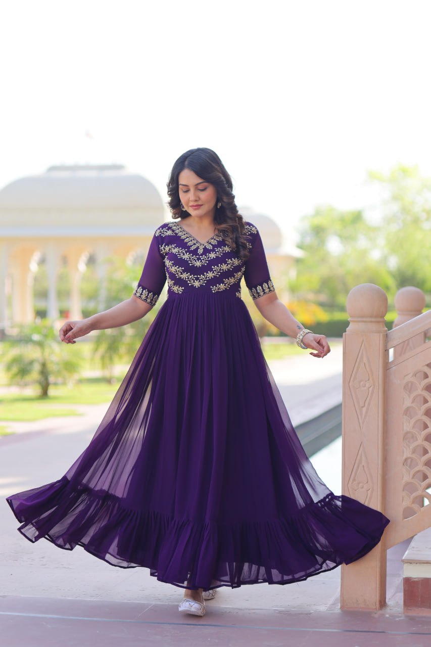 Purple Color Embroidered Designer Gown