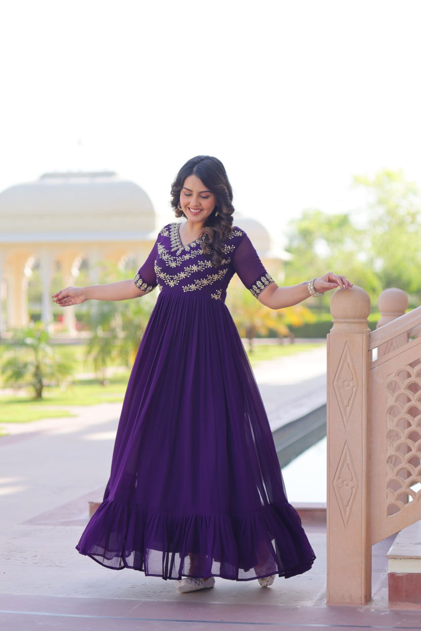 Purple Color Embroidered Designer Gown