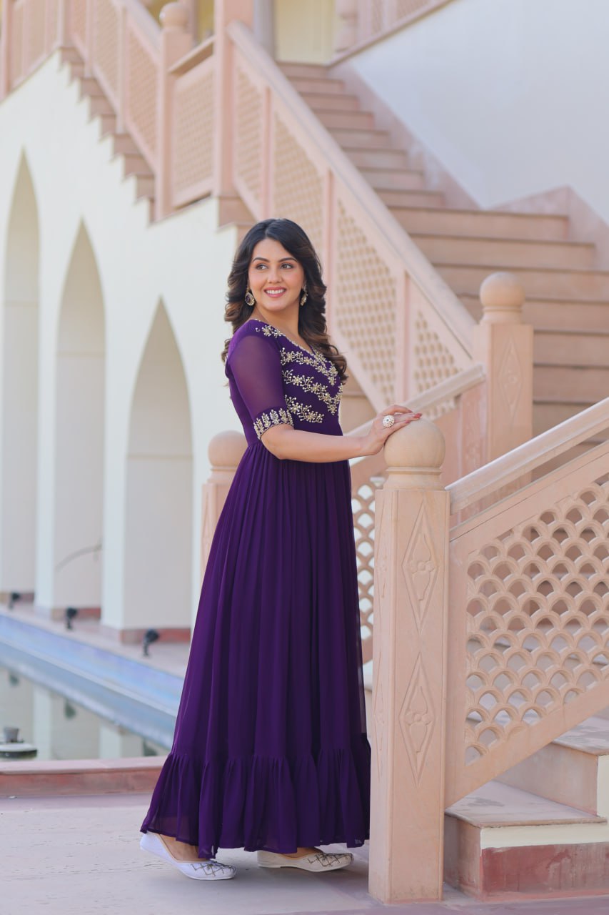 Purple Color Embroidered Designer Gown