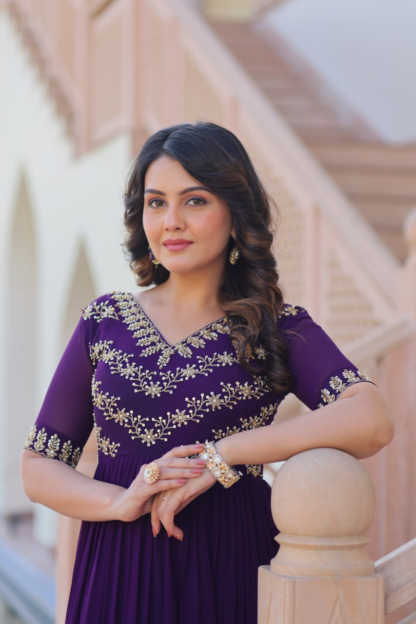 Purple Color Embroidered Designer Gown