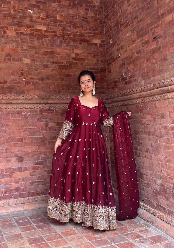 Alluring Maroon Color Embroidered Desiger Anarkali Suit