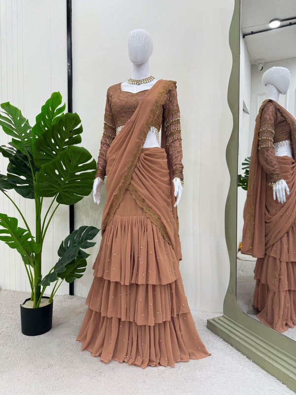 Stunning Beige Color Faux Georgette And Thread With Sequence Work Ready To Wear Lehenga Saree