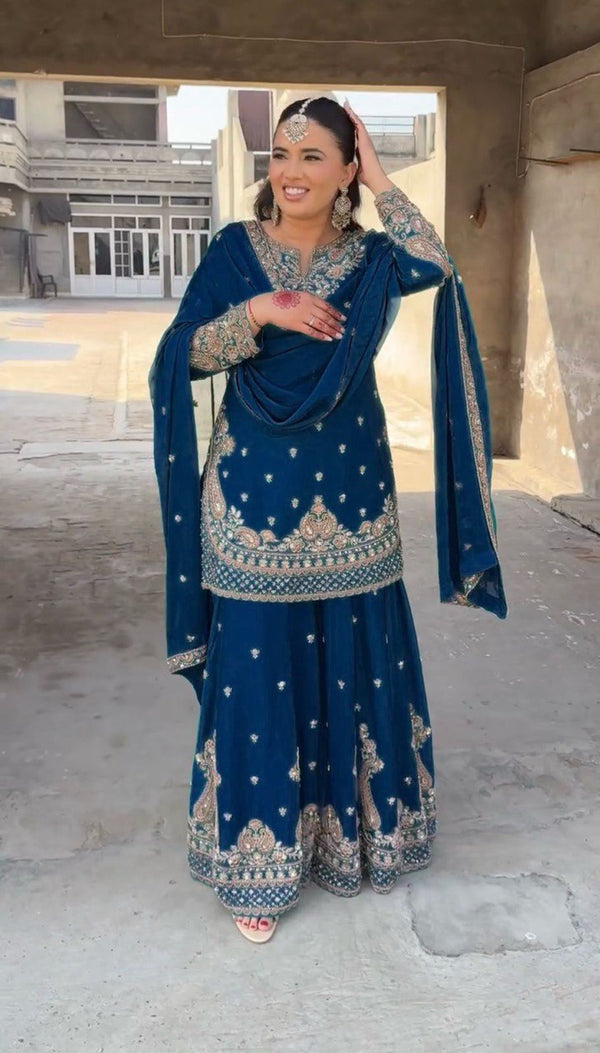 Luxuriant Teal Blue Color Chinon Silk And Thread With Sequence Work Palazzo Suit