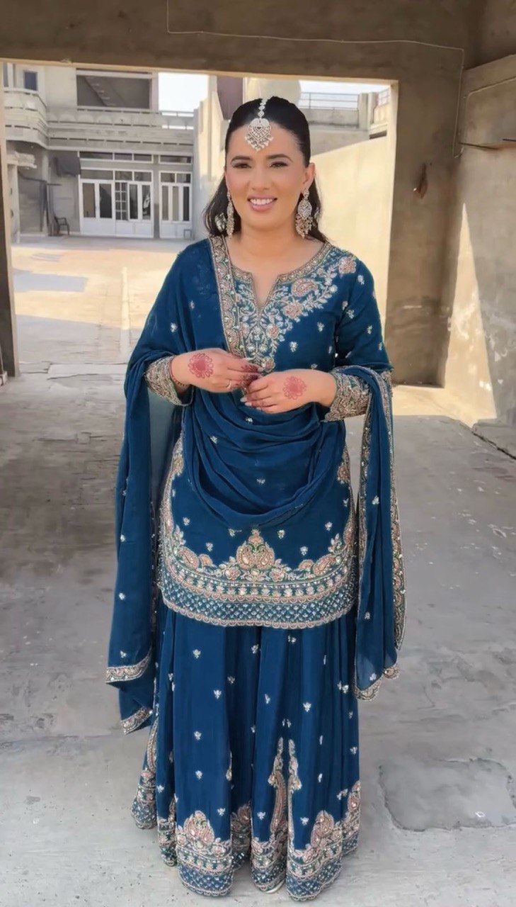 Luxuriant Teal Blue Color Chinon Silk And Thread With Sequence Work Palazzo Suit