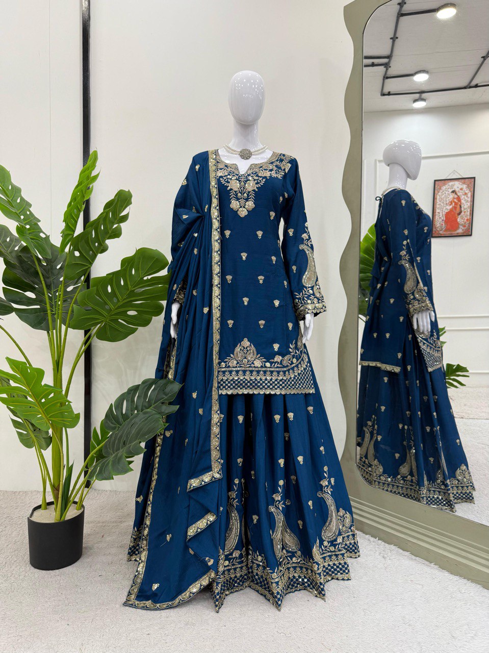 Luxuriant Teal Blue Color Chinon Silk And Thread With Sequence Work Palazzo Suit