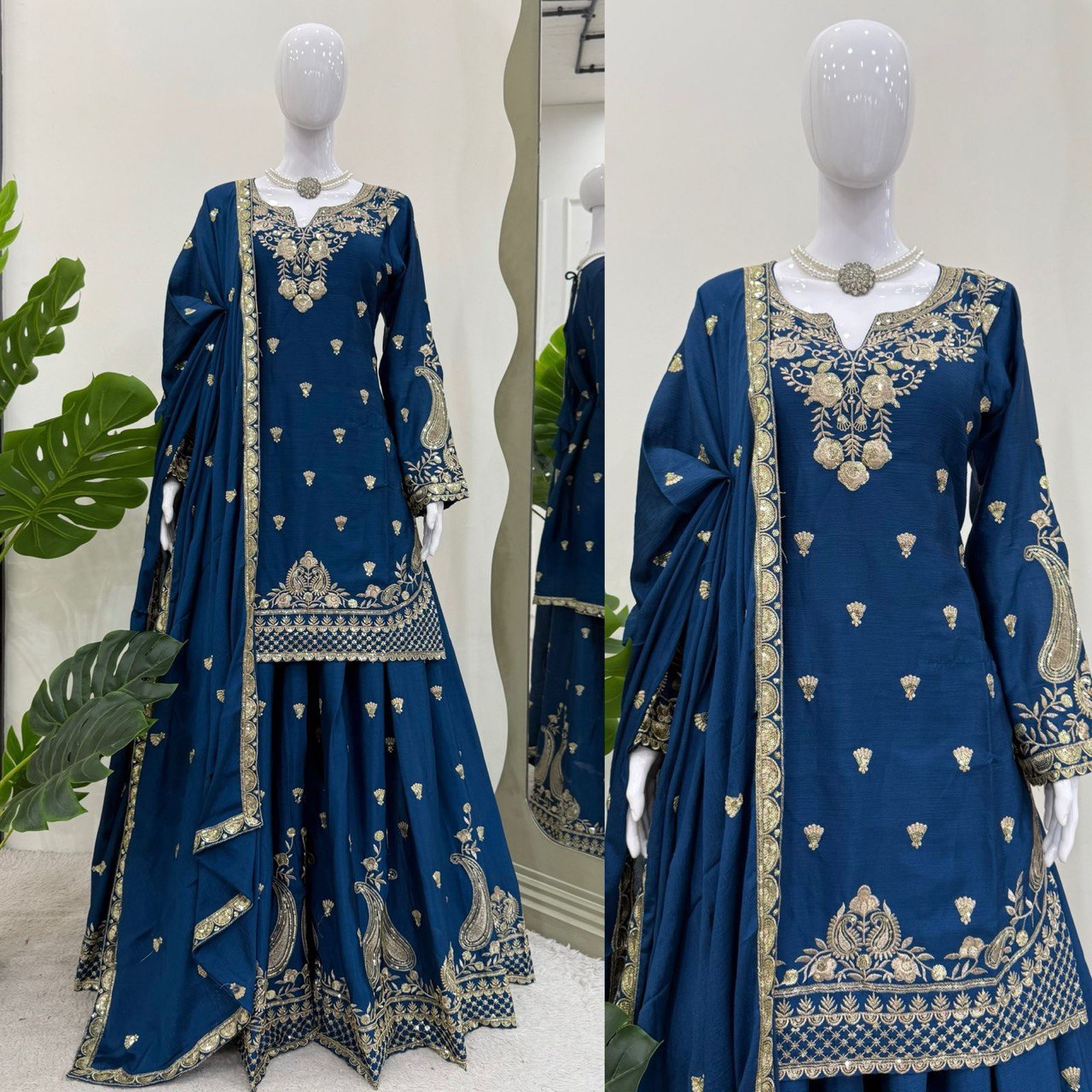 Luxuriant Teal Blue Color Chinon Silk And Thread With Sequence Work Palazzo Suit