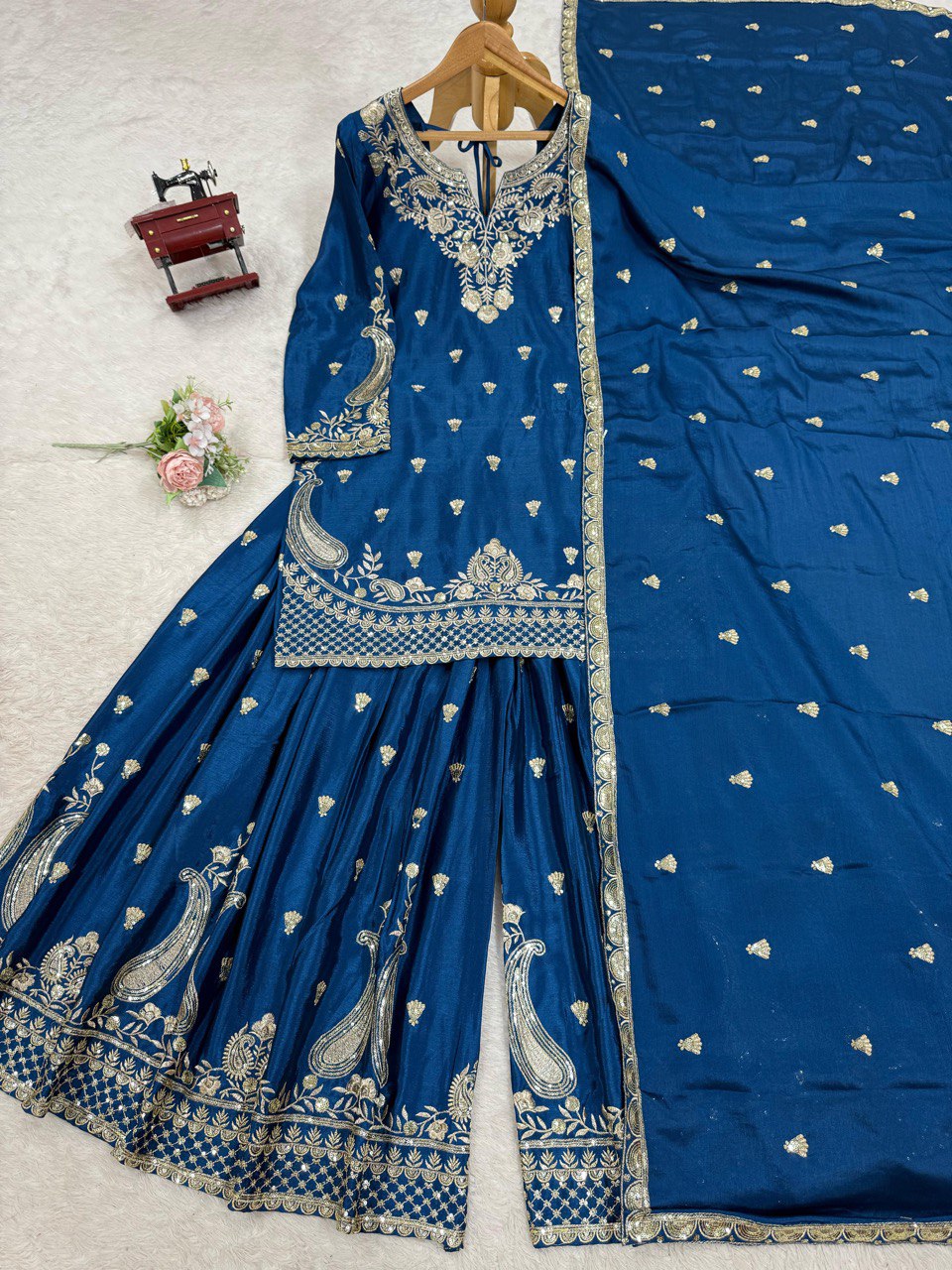 Luxuriant Teal Blue Color Chinon Silk And Thread With Sequence Work Palazzo Suit