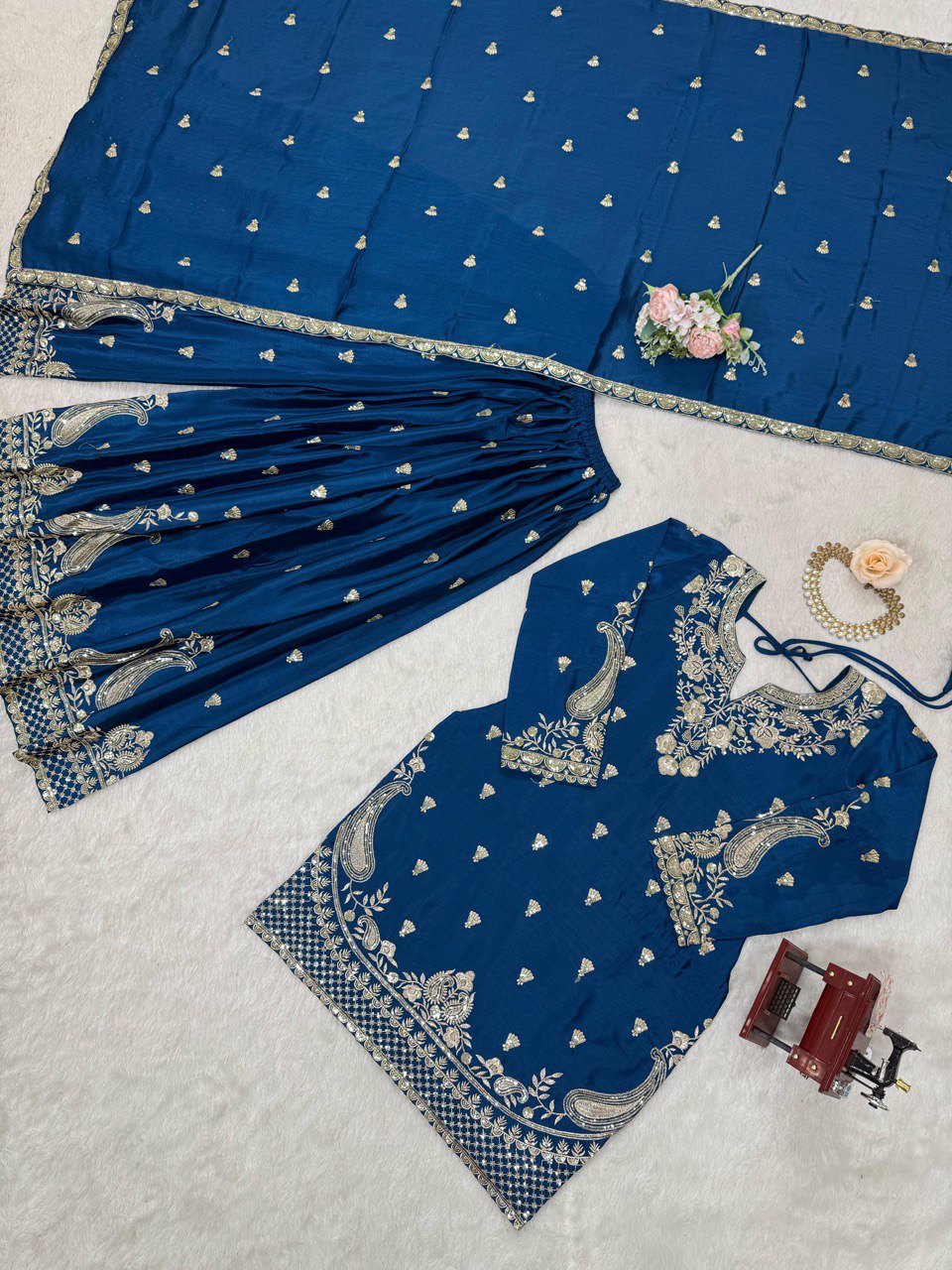 Luxuriant Teal Blue Color Chinon Silk And Thread With Sequence Work Palazzo Suit