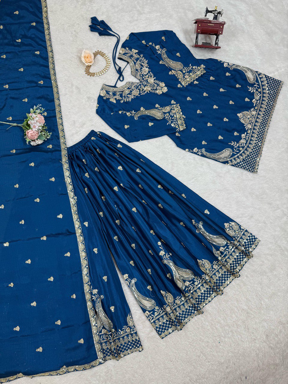 Luxuriant Teal Blue Color Chinon Silk And Thread With Sequence Work Palazzo Suit
