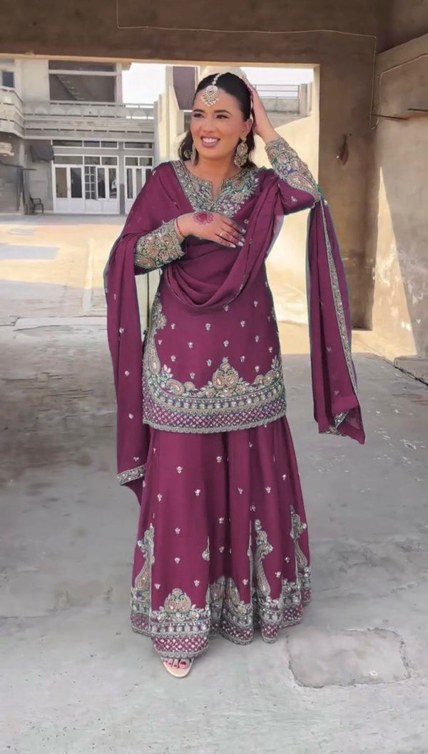 Luxuriant Wine Color Chinon Silk And Thread With Sequence Work Palazzo Suit