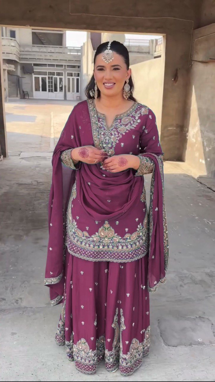 Luxuriant Wine Color Chinon Silk And Thread With Sequence Work Palazzo Suit