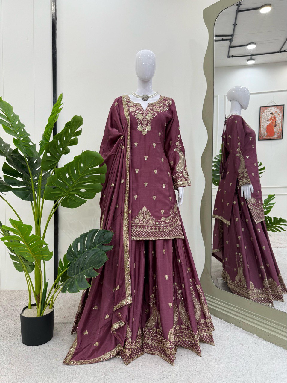 Luxuriant Wine Color Chinon Silk And Thread With Sequence Work Palazzo Suit