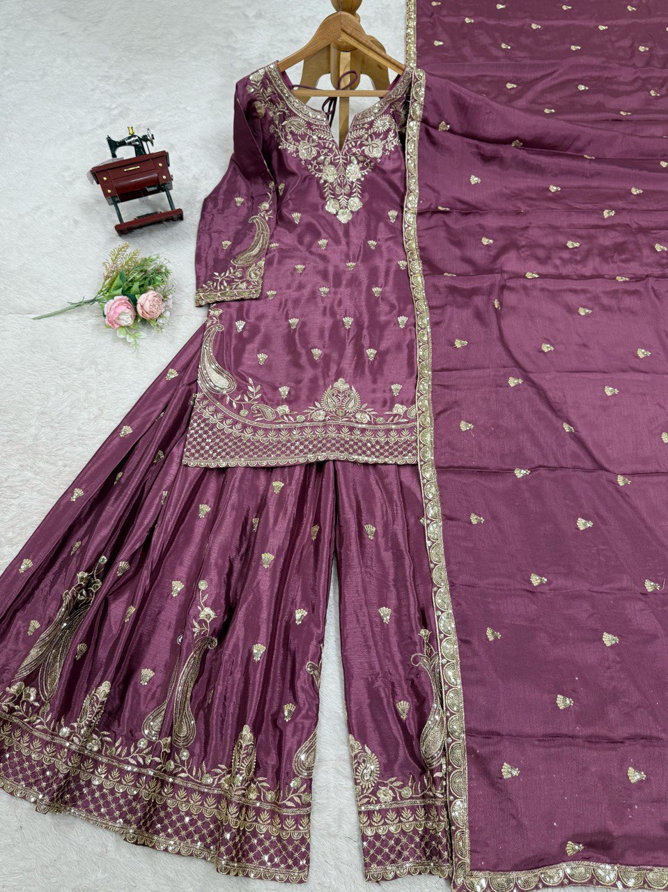 Luxuriant Wine Color Chinon Silk And Thread With Sequence Work Palazzo Suit