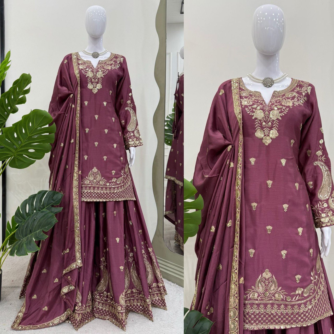 Luxuriant Wine Color Chinon Silk And Thread With Sequence Work Palazzo Suit