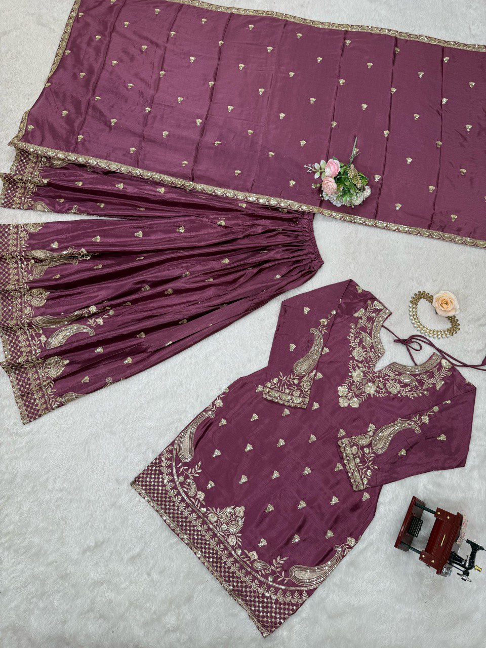 Luxuriant Wine Color Chinon Silk And Thread With Sequence Work Palazzo Suit