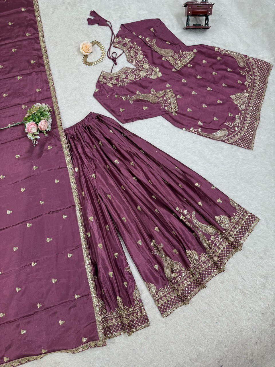 Luxuriant Wine Color Chinon Silk And Thread With Sequence Work Palazzo Suit