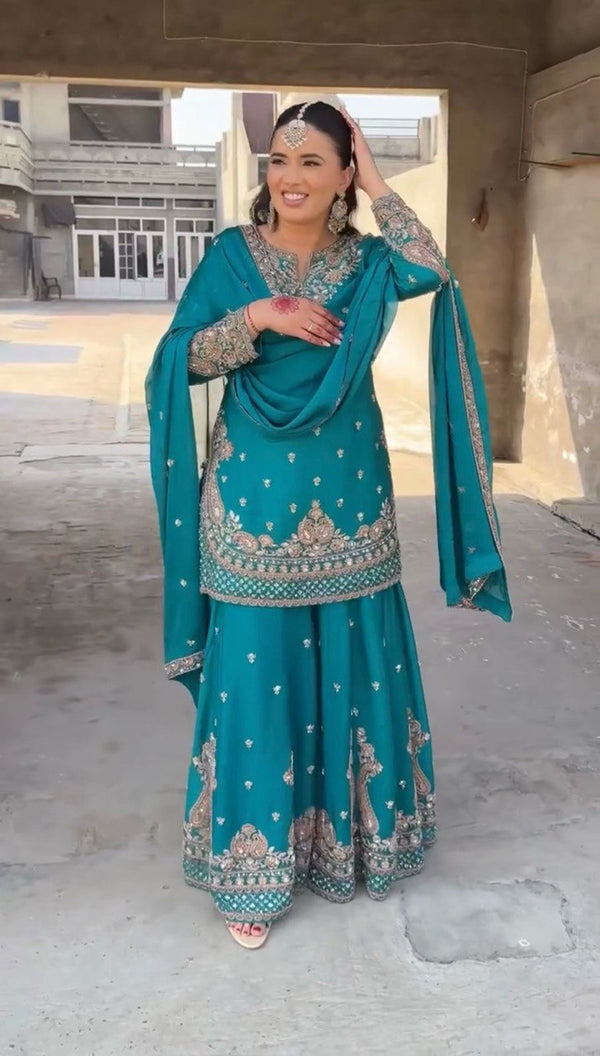 Luxuriant Aqua Green Color Chinon Silk And Thread With Sequence Work Palazzo Suit