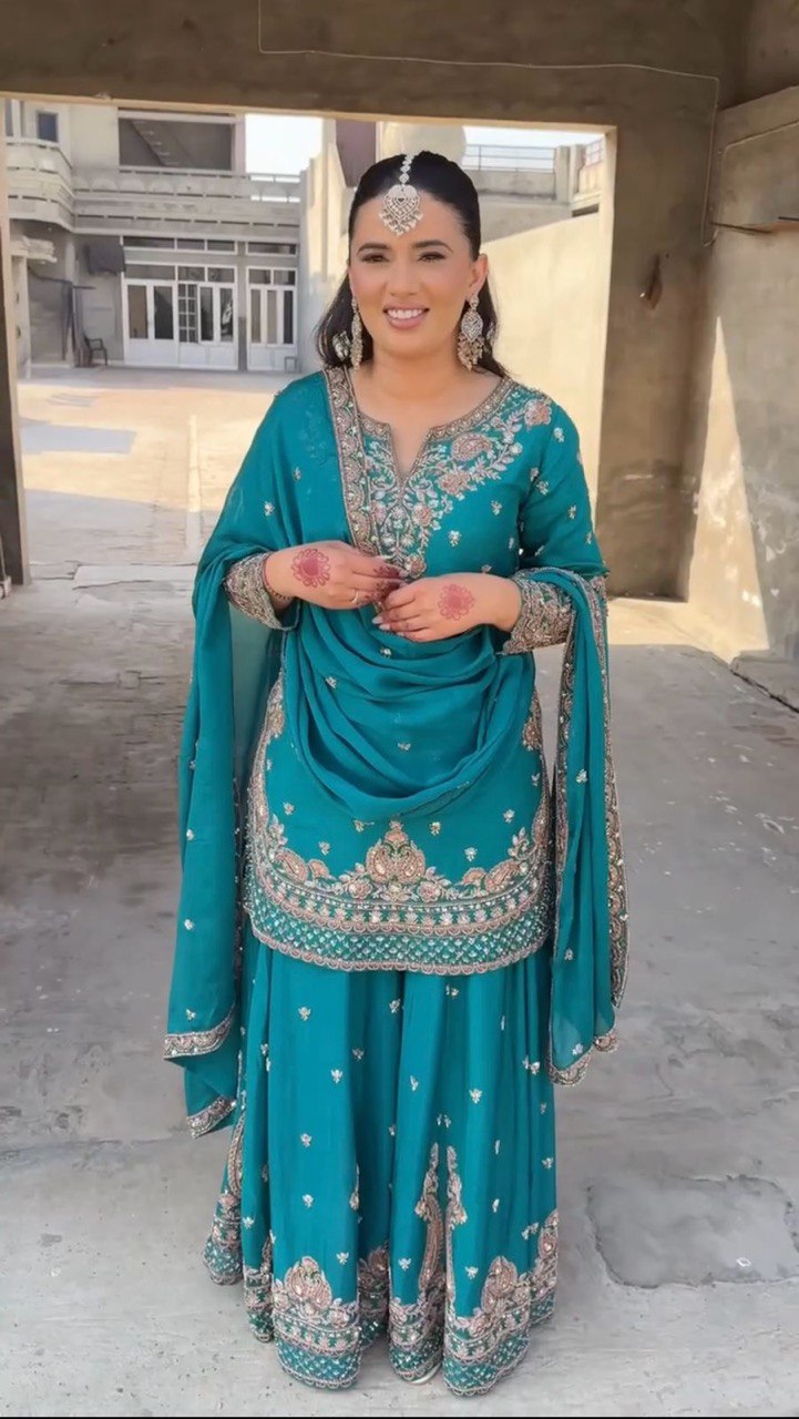 Luxuriant Aqua Green Color Chinon Silk And Thread With Sequence Work Palazzo Suit