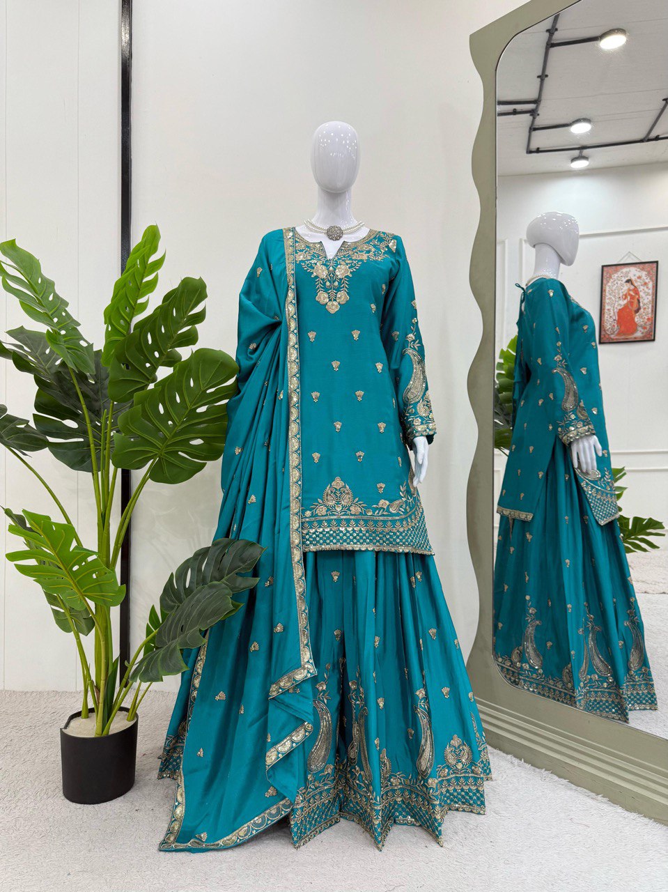 Luxuriant Aqua Green Color Chinon Silk And Thread With Sequence Work Palazzo Suit