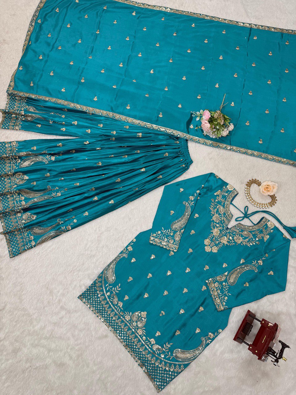Luxuriant Aqua Green Color Chinon Silk And Thread With Sequence Work Palazzo Suit