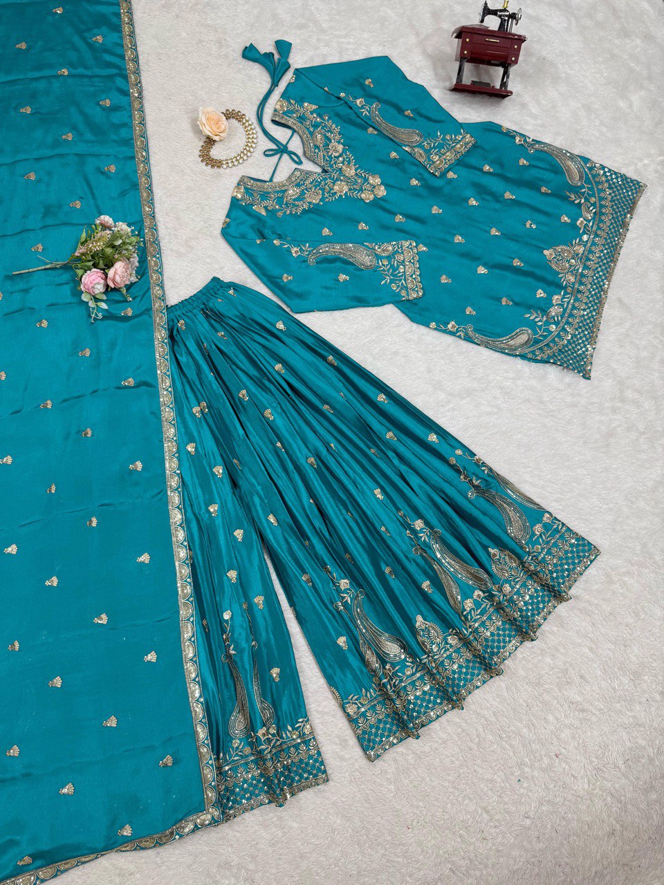 Luxuriant Aqua Green Color Chinon Silk And Thread With Sequence Work Palazzo Suit