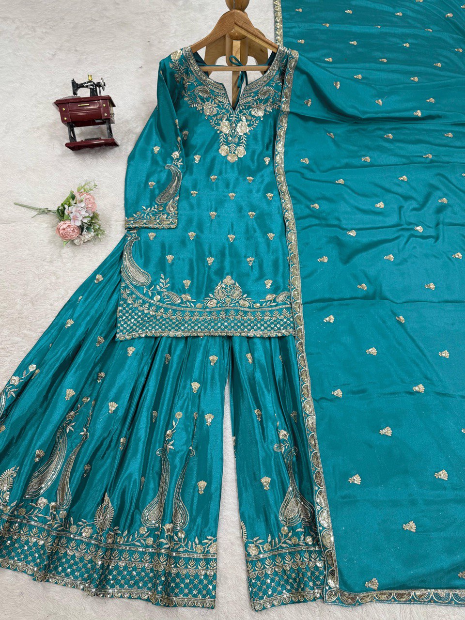 Luxuriant Aqua Green Color Chinon Silk And Thread With Sequence Work Palazzo Suit