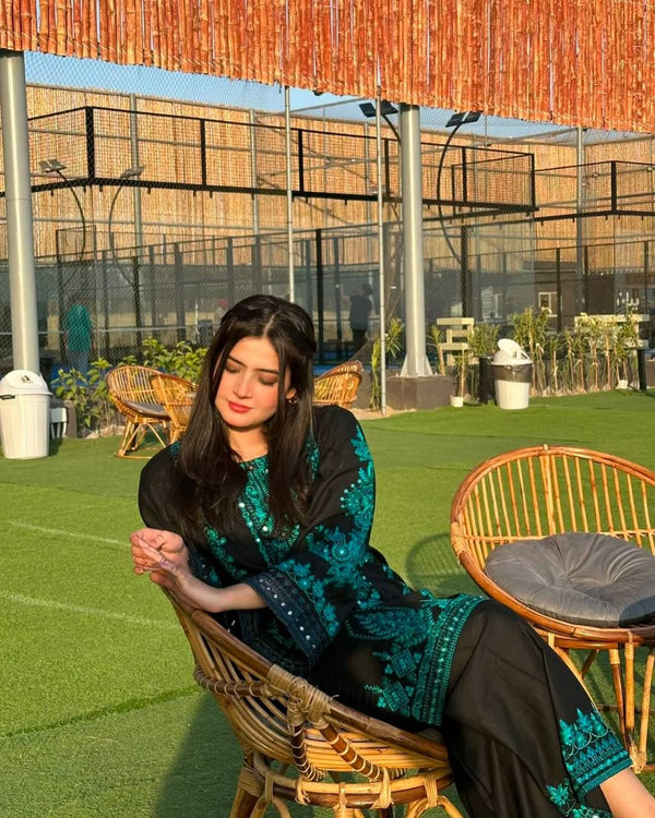 Designer Black Color Pure Cotton Embroidered Top & Pant Set with Dupatta