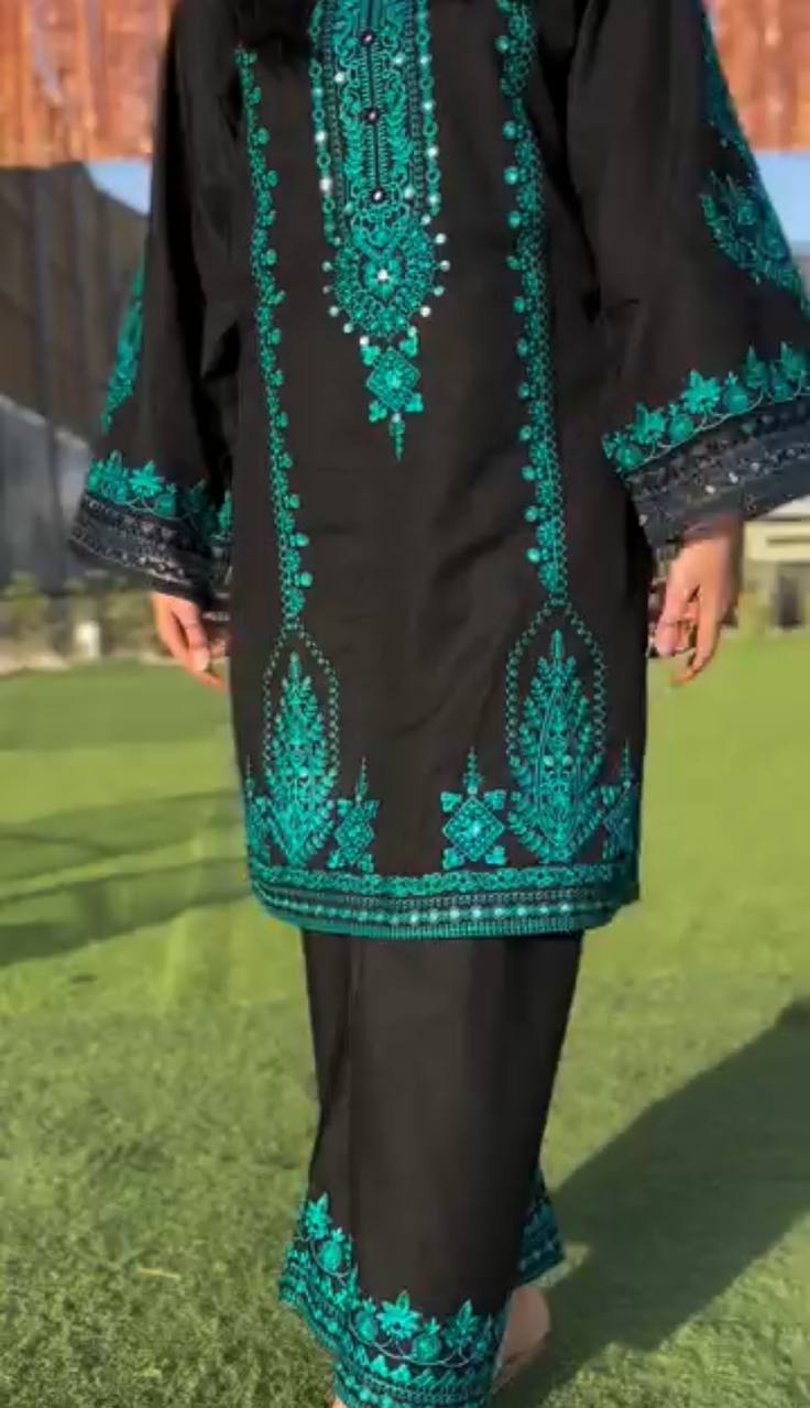 Designer Black Color Pure Cotton Embroidered Top & Pant Set with Dupatta