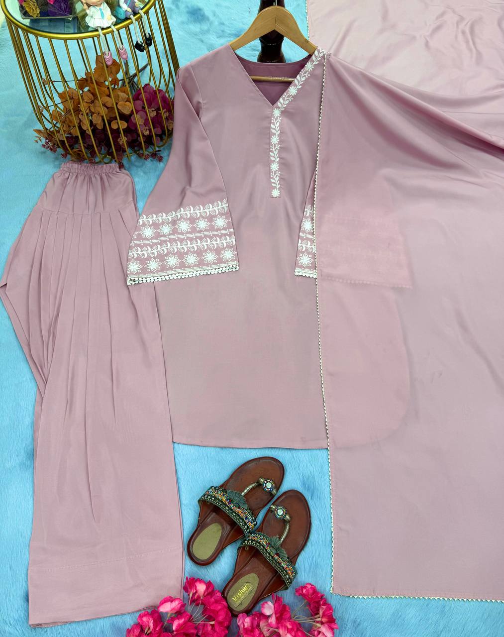 Casual Wear Dusty Peach Color Natural Satin With Embroidery Work Beautiful Palazzo Suit