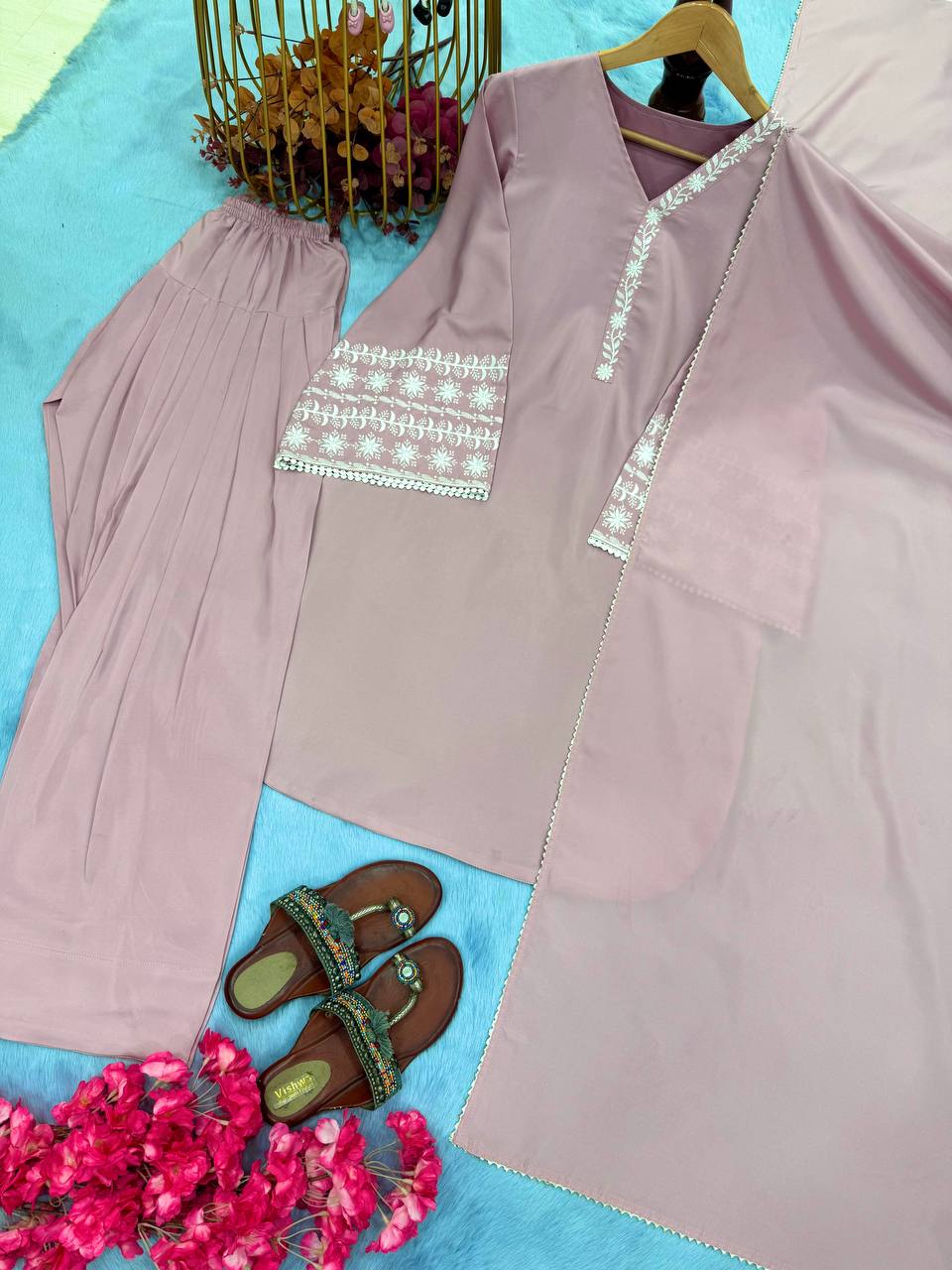 Casual Wear Dusty Peach Color Natural Satin With Embroidery Work Beautiful Palazzo Suit