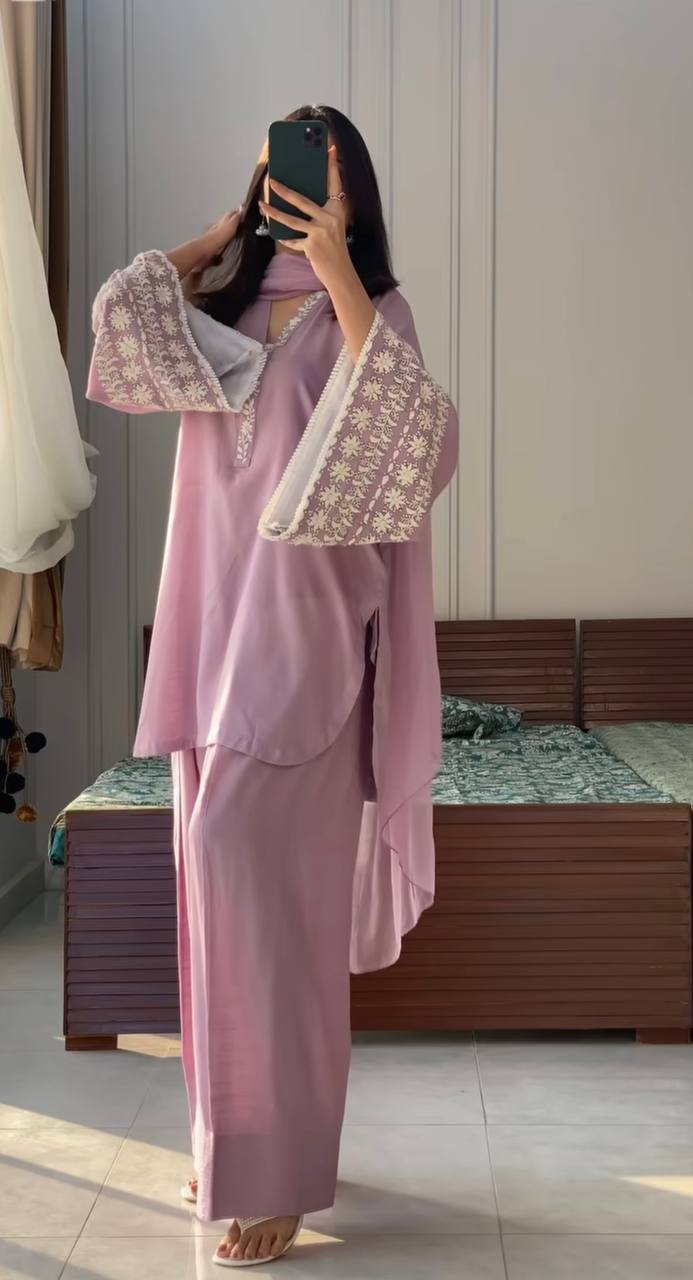 Casual Wear Dusty Peach Color Natural Satin With Embroidery Work Beautiful Palazzo Suit