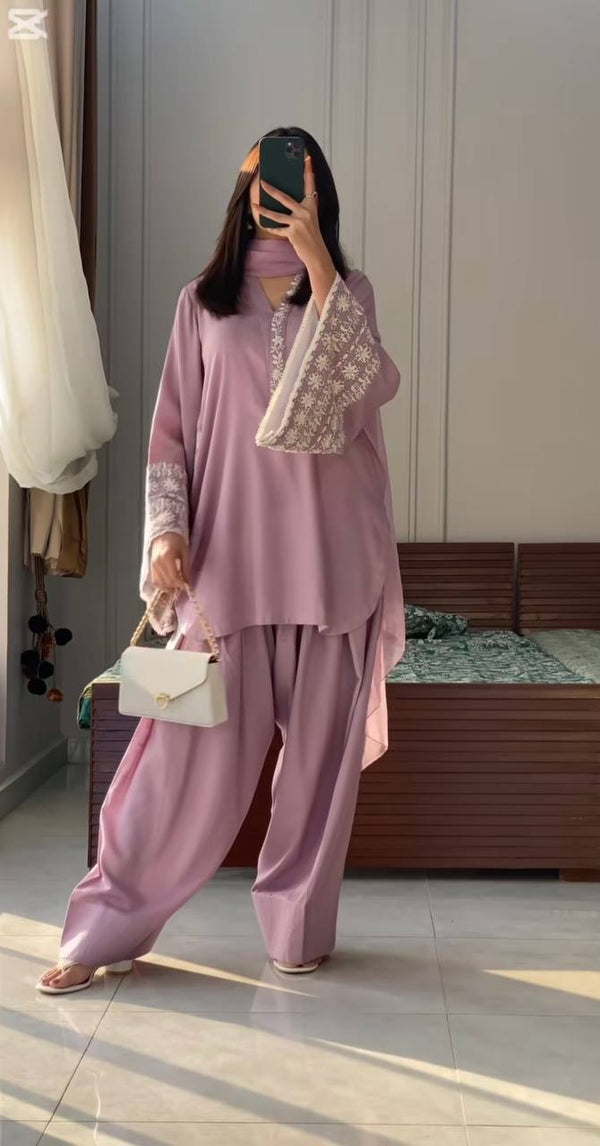 Casual Wear Dusty Peach Color Natural Satin With Embroidery Work Beautiful Palazzo Suit
