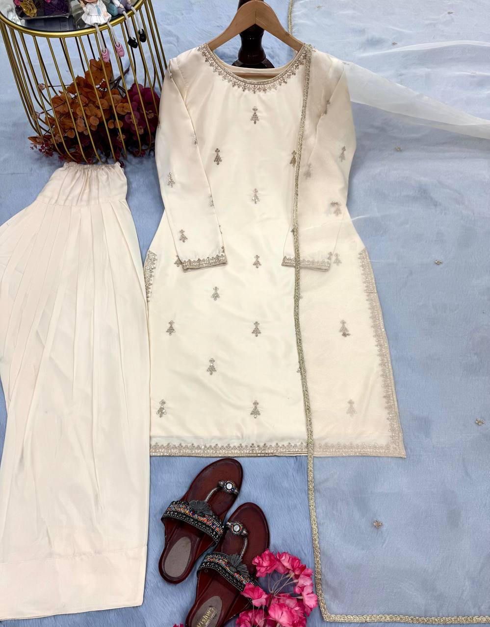 Mesmerizing Cream Color Natural Satin With Embroidery Work Designer Palazzo Suit