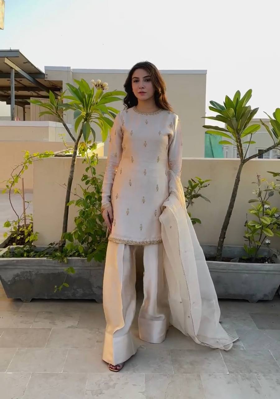 Mesmerizing Cream Color Natural Satin With Embroidery Work Designer Palazzo Suit