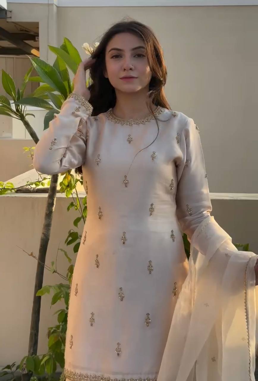 Mesmerizing Cream Color Natural Satin With Embroidery Work Designer Palazzo Suit