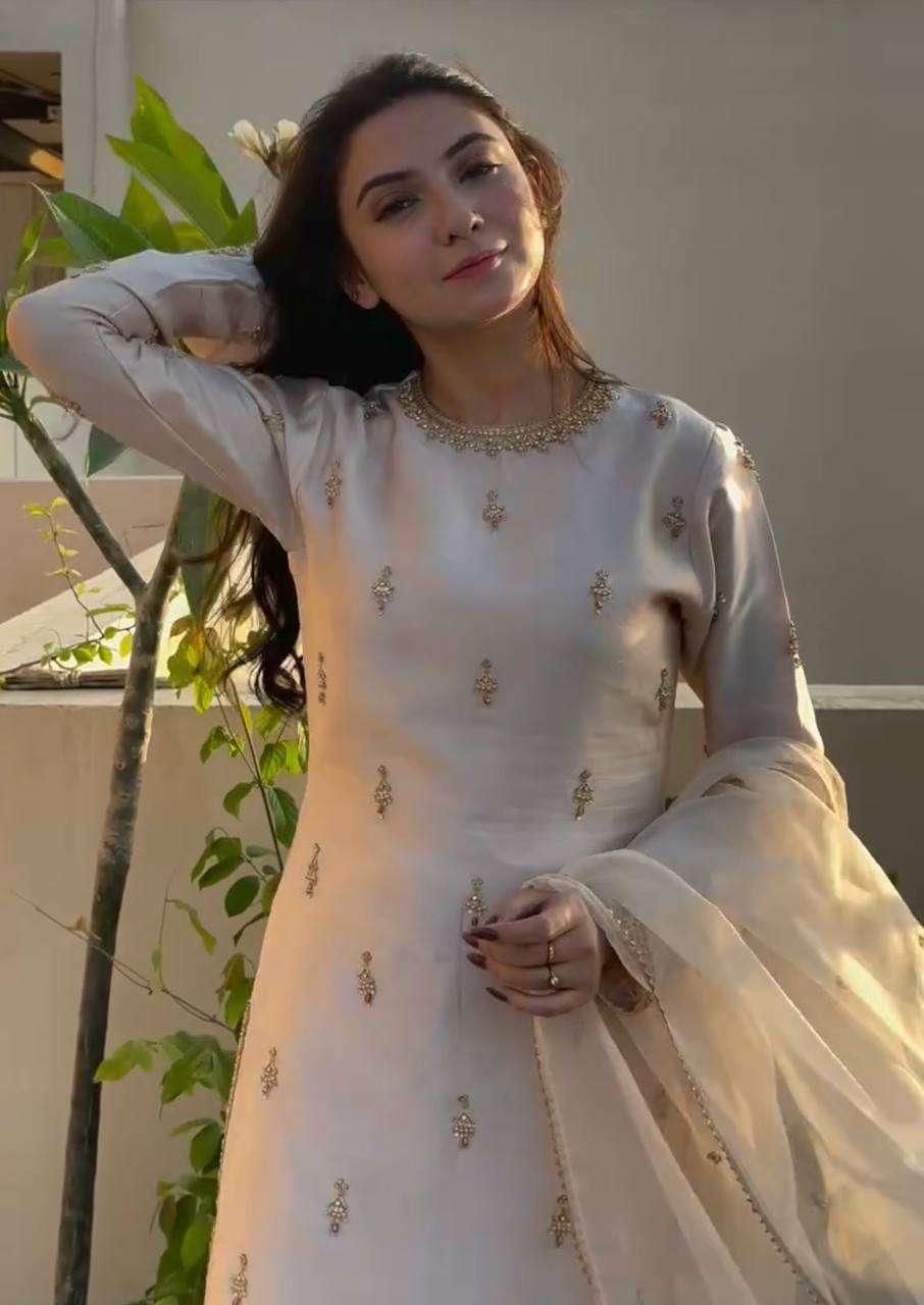Mesmerizing Cream Color Natural Satin With Embroidery Work Designer Palazzo Suit