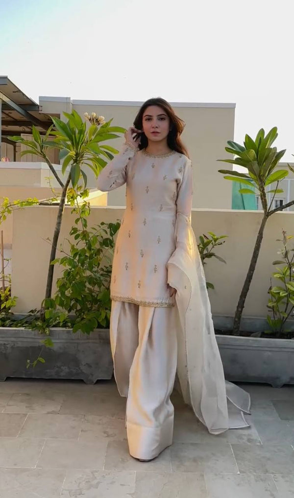 Mesmerizing Cream Color Natural Satin With Embroidery Work Designer Palazzo Suit